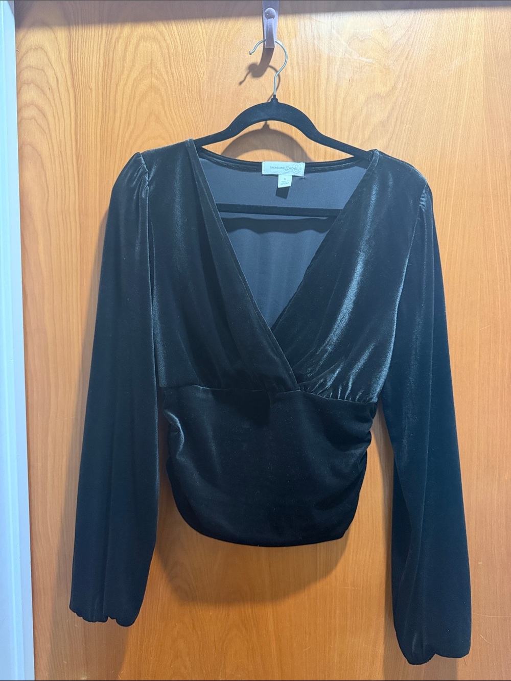 Treasure & Bond Black Velvet Surplice Long Sleeve Blouse